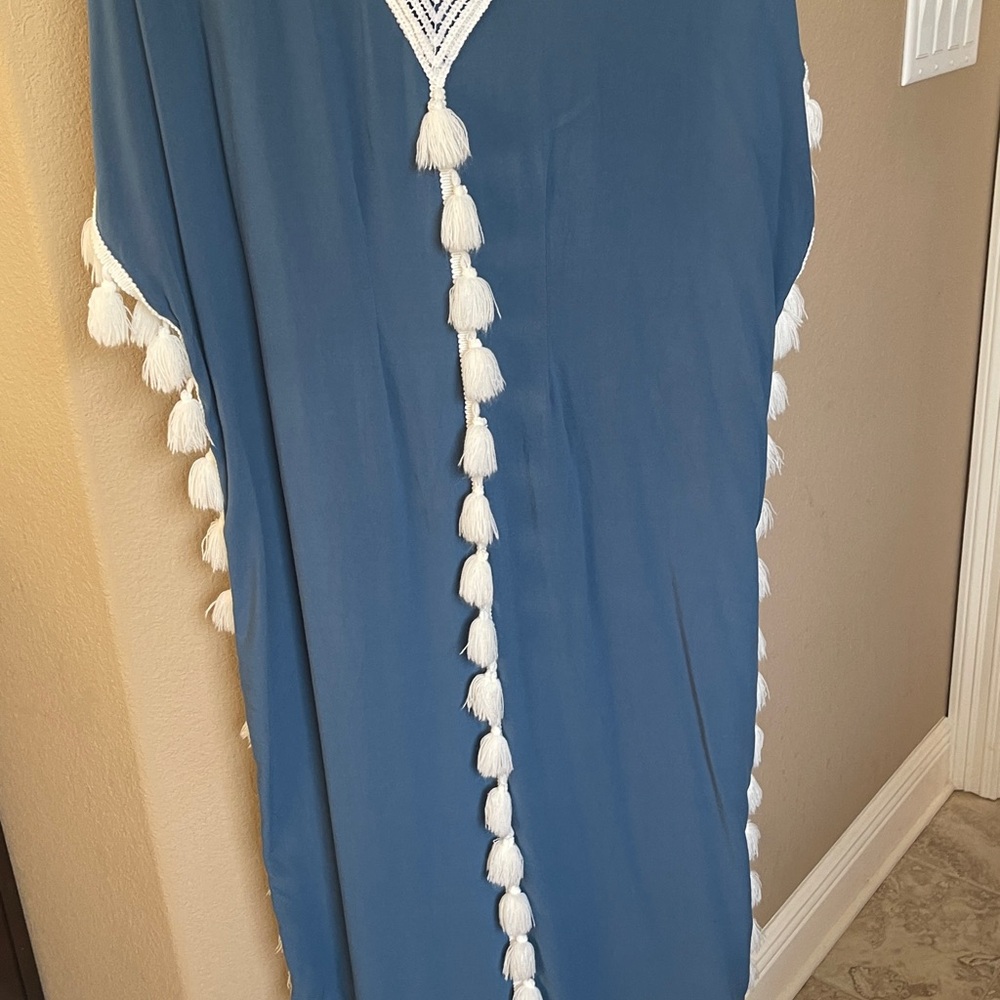 Chic Blue long Kaftan with White Tassels - NWOT
